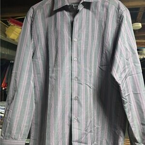 Elegant Men's Pink and Gray Striped Dress Shirt